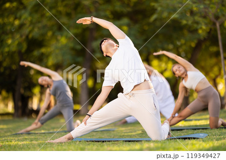 Yoga lesson visitors with guy coach perform Parighasana in park 119349427