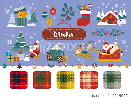 かわいいクリスマスのイラスト素材とチェックのスウォッチセット かわいいクリスマスのイラスト素材とチェックのスウォッチセット 119349635