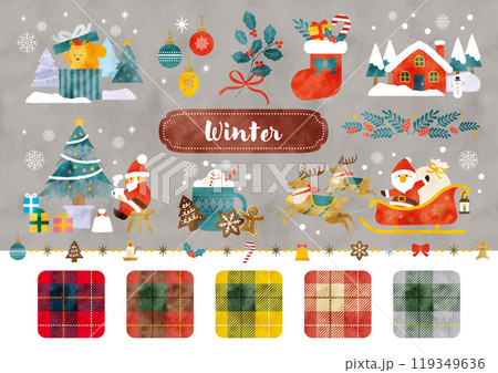 水彩 かわいいクリスマスのイラスト素材とチェックのスウォッチセット 119349636