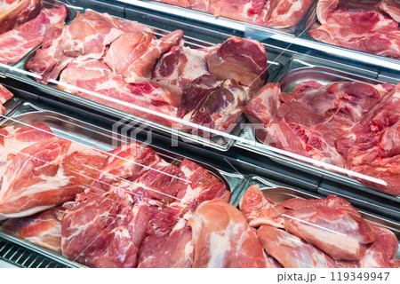 Raw pork in display of butcher market 119349947