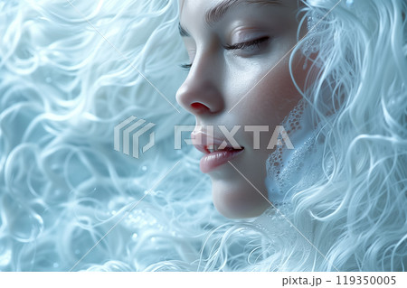 A woman with vibrant white curls rests peacefully in water, her expression calm and relaxed, surrounded by soft bubbles that enhance the tranquil ambiance. 119350005