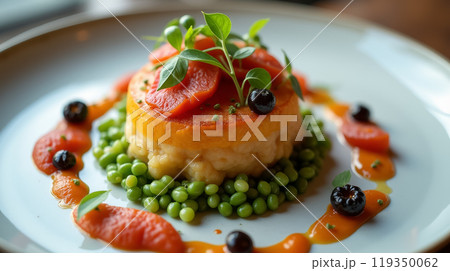 A beautifully plated gourmet dish showcases a layer of mashed potatoes topped with ripe tomatoes and surrounded by fresh peas, garnished with herbs, in an upscale dining environment. 119350062