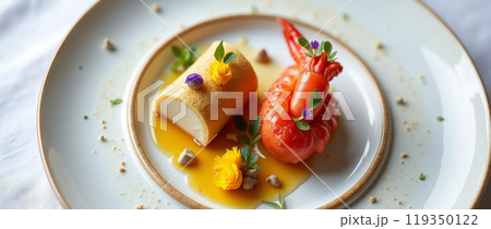 Beautifully arranged culinary creation showcases bright red prawn alongside smooth, creamy roulade garnished with edible flowers, enhancing the dish visual appeal. 119350122