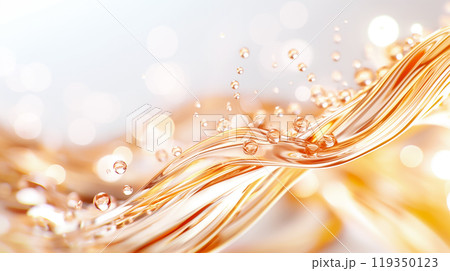 A smooth wave of golden liquid undulates gracefully, with tiny droplets suspended in mid-air, shimmer softly against a blurred, bright backdrop, evoking a tranquil ambiance. 119350123