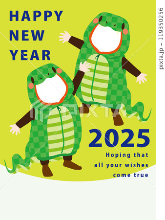 写真の顔がはめ込める巳年年賀状用ベクターイラスト（緑の蛇の着ぐるみ2人用） 119350256