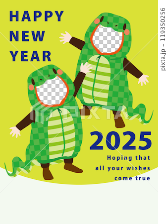 写真の顔がはめ込める巳年年賀状用ベクターイラスト（緑の蛇の着ぐるみ2人用） 119350256