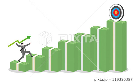 A businessman throws a green arrow like a javelin to a business goal on banknotes bar graph up. Financial success, ambition to target, investment strategy, performance at work, and career opportunity 119350387