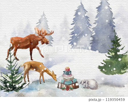 雪の森のギフトと動物たちの冬の水彩画 119350459