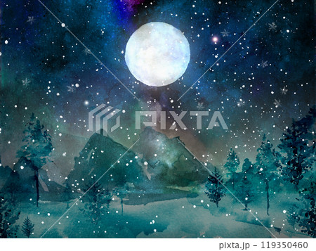 満月が輝く雪の夜空と山の水彩画 119350460