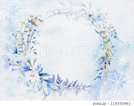 雪の結晶と冬の花の水彩リース 119350461