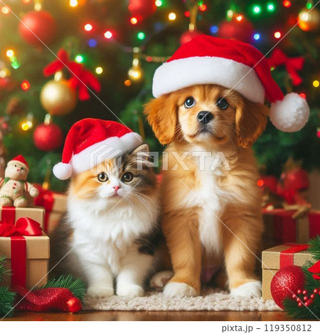 クリスマス ご主人のコスプレに付き合わされた犬と猫 クリスマス ご主人のコスプレに付き合わされた犬と猫 119350812