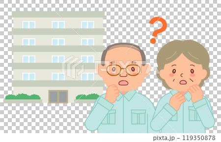 Senior men and women in work clothes with doubts and an apartment building 119350878