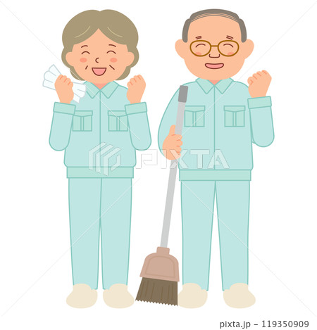 作業服を着たシニアの清掃スタッフ(全身) 作業服を着たシニアの清掃スタッフ(全身) 119350909