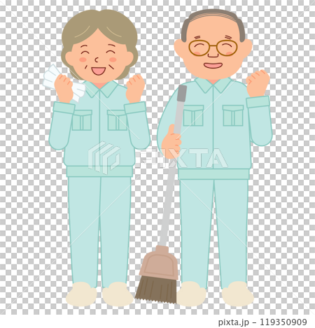 作業服を着たシニアの清掃スタッフ(全身) 作業服を着たシニアの清掃スタッフ(全身) 119350909