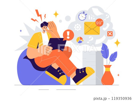 Overloading Vector Illustration of a Busy Employee Multitasking to Complete Numerous Documents and Digital Tasks in a Flat Style Cartoon Background 119350936
