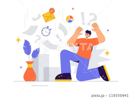 Overloading Vector Illustration of a Busy Employee Multitasking to Complete Numerous Documents and Digital Tasks in a Flat Style Cartoon Background 119350941