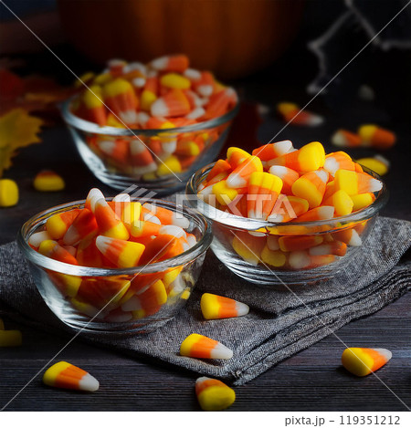Candy corn, Halloween candy,  yellow, orange, white, sweet flavor, sugar candy,  classic Halloween treat, soft texture, Halloween party, traditional candy, small candy, candy bowl, sweet candy, Hallow 119351212