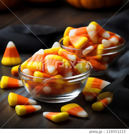 Candy corn, Halloween candy,  yellow, orange, white, sweet flavor, sugar candy,  classic Halloween treat, soft texture, Halloween party, traditional candy, small candy, candy bowl, sweet candy, Hallow 119351215