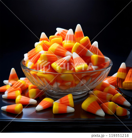 Candy corn, Halloween candy,  yellow, orange, white, sweet flavor, sugar candy,  classic Halloween treat, soft texture, Halloween party, traditional candy, small candy, candy bowl, sweet candy, Hallow 119351218