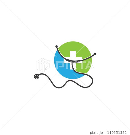 Medical health vector health logo with cross and stethoscope icon symbol. This logo is suitable for hospital and clinic. 119351322