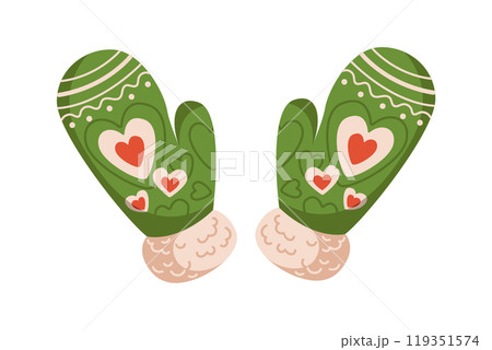 Green knitted mittens with hearts flat color vector object 119351574