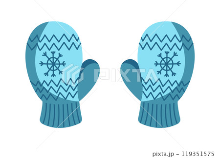 Blue knitted mittens with snowflakes flat vector object Blue knitted mittens with snowflakes flat vector object 119351575