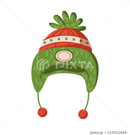 Knitted hat with pompom and strings flat vector object Knitted hat with pompom and strings flat vector object 119351644