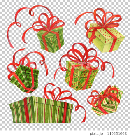 Set of Christmas gift boxes in green colors with red ribbons and bows. Isolated watercolor presents for design or decoration of fabric, wallpaper, wrapping paper, greeting cards and holiday printing Set of Christmas gift boxes in green colors with red ribbons and bows. Isolated watercolor presents for design or decoration of fabric, wallpaper, wrapping paper, greeting cards and holiday printing 119351668
