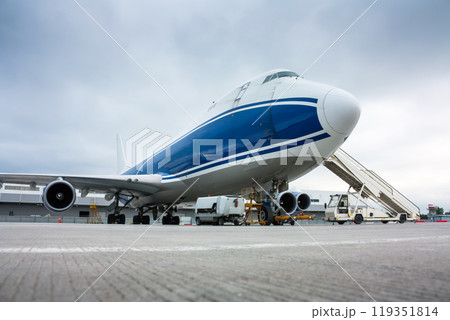 Cargo transport wide body airplane and aircraft passenger loader near terminal 119351814