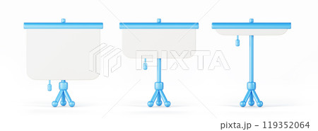 3d retractable roll up projector screen on blue tripod for presentation and video. Animation with sequence pull down canvas. Blank white board mockup, isolated cartoon render icon set. 3D illustration 3d retractable roll up projector screen on blue tripod for presentation and video. Animation with sequence pull down canvas. Blank white board mockup, isolated cartoon render icon set. 3D illustration 119352064