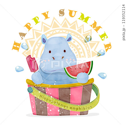 スイカとアイスを食べて涼むカバ・青 スイカとアイスを食べて涼むカバ・青 119352114