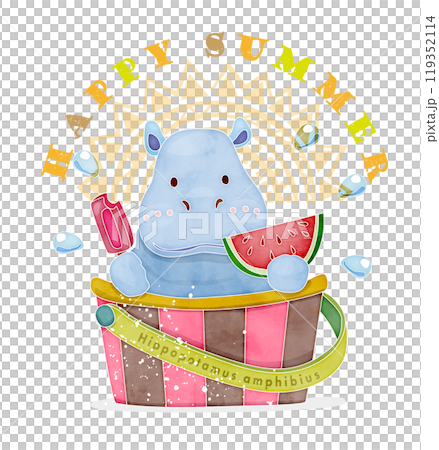 スイカとアイスを食べて涼むカバ・青 スイカとアイスを食べて涼むカバ・青 119352114