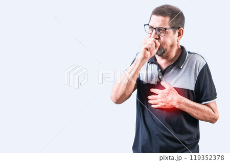 Elderly man with bronchitis coughing isolated. Old man in glasses suffering from cough isolated Elderly man with bronchitis coughing isolated. Old man in glasses suffering from cough isolated 119352378