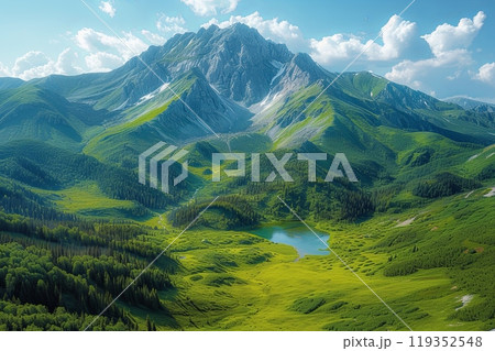 Mountain range with a lake in the middle surrounded by trees. Scene is peaceful and serene 119352548