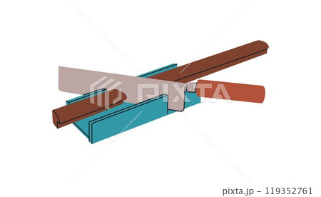 Vector illustration of tools for framing workshop. Working device for precise cutting of slats at the desired angle, frame assembly 119352761