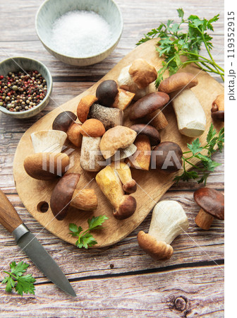 A colorful assortment of fresh mushrooms on a wooden cutting board with herbs and spices A colorful assortment of fresh mushrooms on a wooden cutting board with herbs and spices 119352915