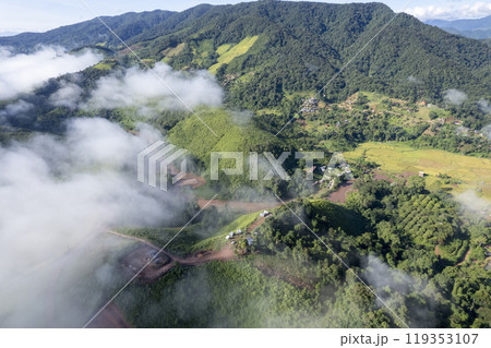 Landscape of Morning Mist with Mountain Layer at north of Thailand. mountain ridge and clouds in rural jungle bush forest Landscape of Morning Mist with Mountain Layer at north of Thailand. mountain ridge and clouds in rural jungle bush forest 119353107