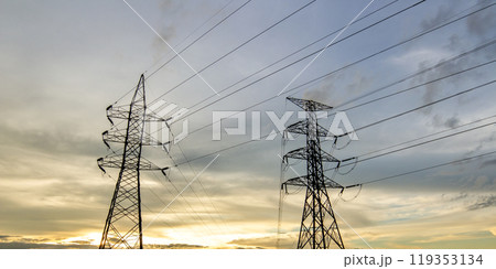 silhouette of high voltage electrical pole structure 119353134