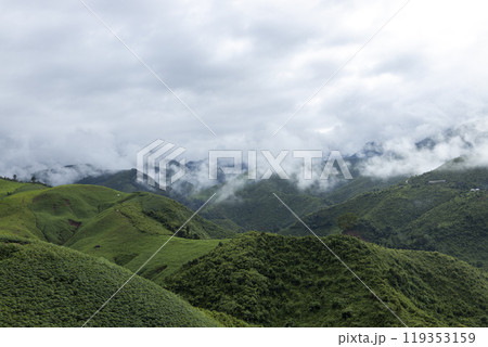 Landscape of Morning Mist with Mountain Layer at north of Thailand. mountain ridge and clouds in rural jungle bush forest Landscape of Morning Mist with Mountain Layer at north of Thailand. mountain ridge and clouds in rural jungle bush forest 119353159