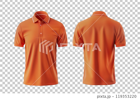AI-generated item. Orange polo shirt mock-up, front and back view on transparent background. 119353220