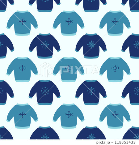 Seamless pattern. Winter sweaters with snowflakes design. Cozy winter background. Vector flat illustration. Seamless pattern. Winter sweaters with snowflakes design. Cozy winter background. Vector flat illustration. 119353435