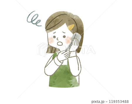 困った表情の電話で話しているエプロンを着用した女性-水彩 119353488