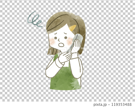 困った表情の電話で話しているエプロンを着用した女性-水彩 119353488