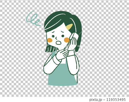 A woman wearing an apron talking on the phone with a troubled expression - 4 colors A woman wearing an apron talking on the phone with a troubled expression - 4 colors 119353495