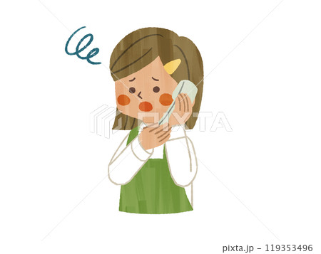 困った表情の電話で話しているエプロンを着用した女性-ガッシュ 119353496