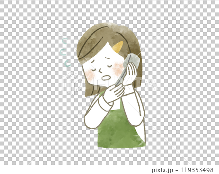 A woman wearing an apron apologizing on the phone - watercolor A woman wearing an apron apologizing on the phone - watercolor 119353498