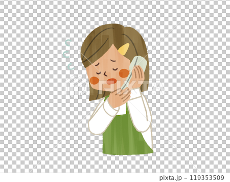 A woman wearing an apron apologizing on the phone - Gash A woman wearing an apron apologizing on the phone - Gash 119353509