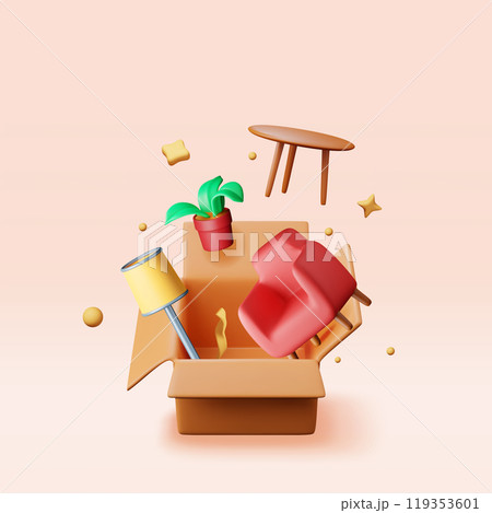 3D open cardboard box with home goods isolated 119353601
