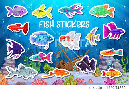 Cartoon aquarium fish stickers with tropical fishes in underwater landscape, vector background. Aquarium fishes stickers with funny bright colorful guppy, goldfish and blue tang with sunken ship boat Cartoon aquarium fish stickers with tropical fishes in underwater landscape, vector background. Aquarium fishes stickers with funny bright colorful guppy, goldfish and blue tang with sunken ship boat 119353723