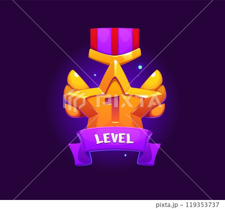 Game rank level up badge icon or victory shield of golden star medal, vector banner. Level 1 achievement or mission complete badge with ribbon, wings and gold star medal for arcade video game award 119353737